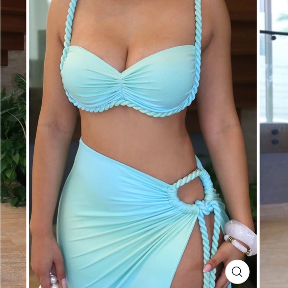 BLUE OMBRE BRAIDED STRAP ASYMMETRICAL SLIT TWO PIECE SKIRT SET - Picture 3 of 4